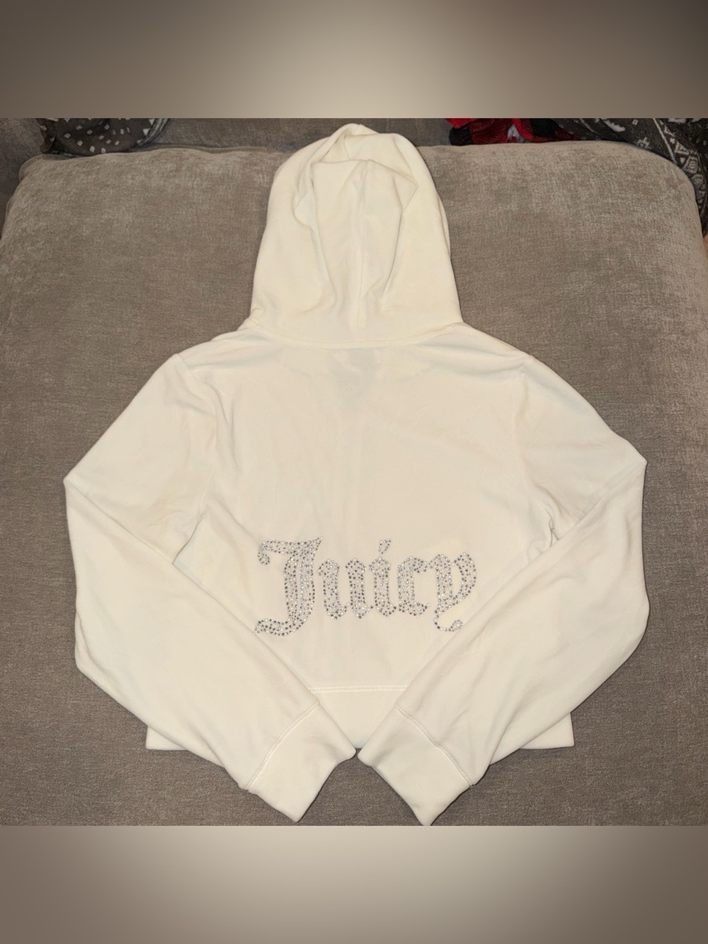 Juicy Couture White Velour Cropped Zip Up with Rhinestones and Pearls